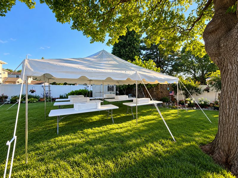 Tent with tables set up under shade trees in a fenced backyard