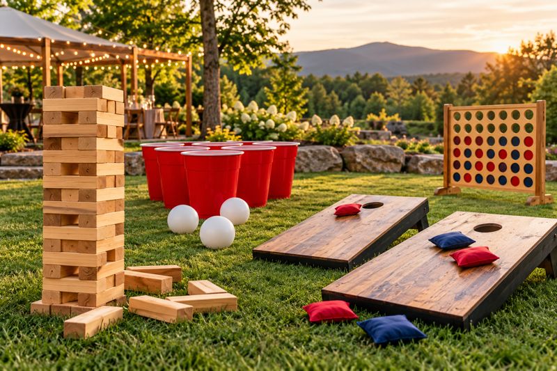 Giant Jenga, giant bucket pong, giant Connect 4 and cornhole set up on a lawn
